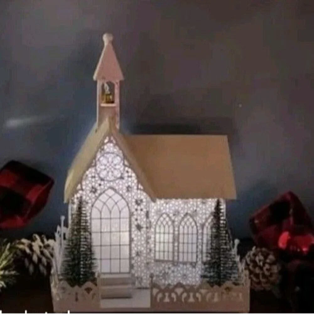 Valerie Parr Hill Illuminated Metal Church W/ Bottle Brush Trees-Silver